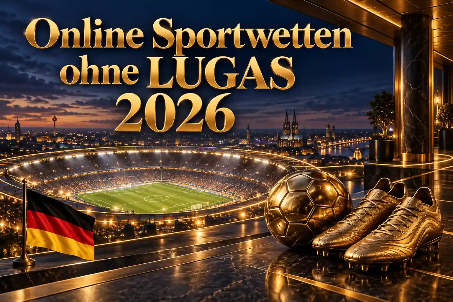 Online Sportwetten ohne LUGAS 2026 – goldener Schriftzug mit Fußball und Fußballschuhen auf einer Terrasse über einem beleuchteten Stadion mit deutscher Flagge