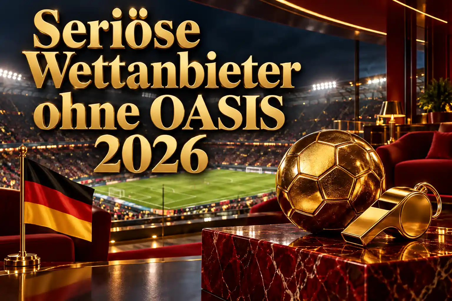 Seriöse Wettanbieter ohne OASIS 2026 – goldener Schriftzug mit Fußball und Schiedsrichterpfeife auf rotem Marmor in einer Stadionloge mit deutscher Flagge