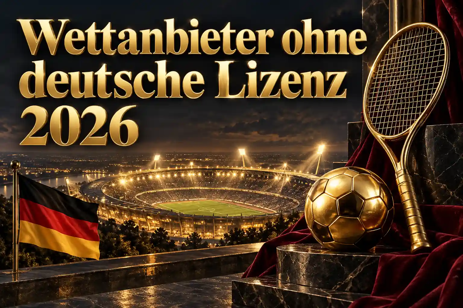 Wettanbieter ohne deutsche Lizenz 2026 – goldener Schriftzug mit Tennisschläger und Fußball auf dunklem Marmor vor einem nächtlichen Stadion mit deutscher Flagge